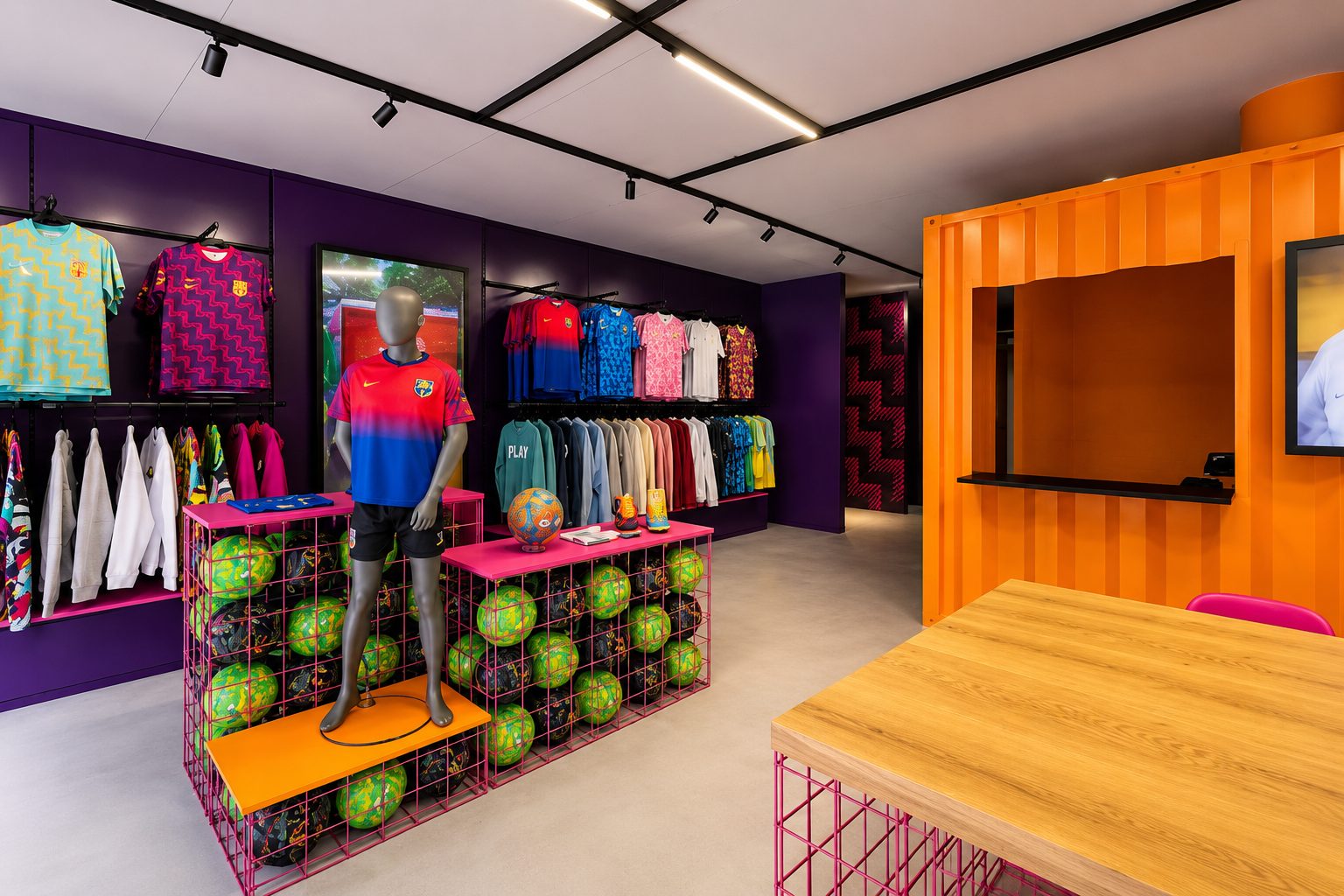 KLABU store in Amsterdam with sports shirts on purple walls and a concrete floor